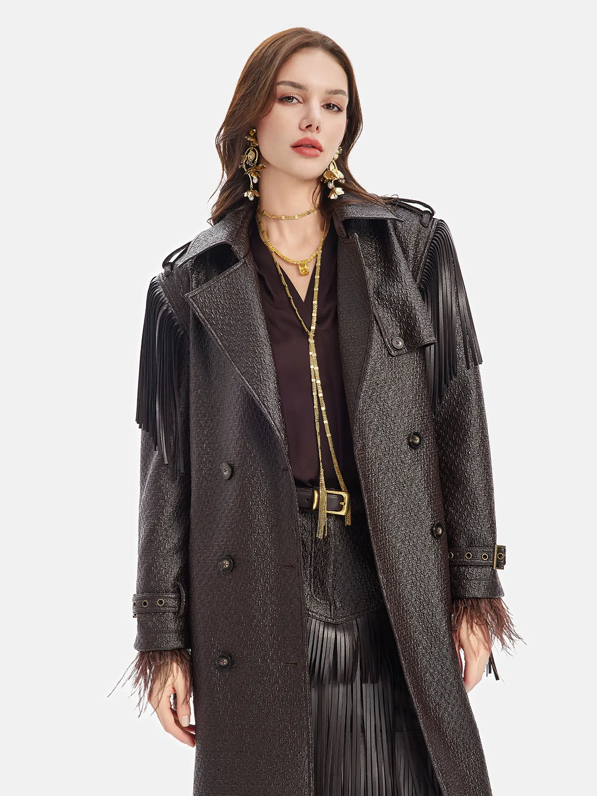 Fringe Double-Breasted Leather Trench