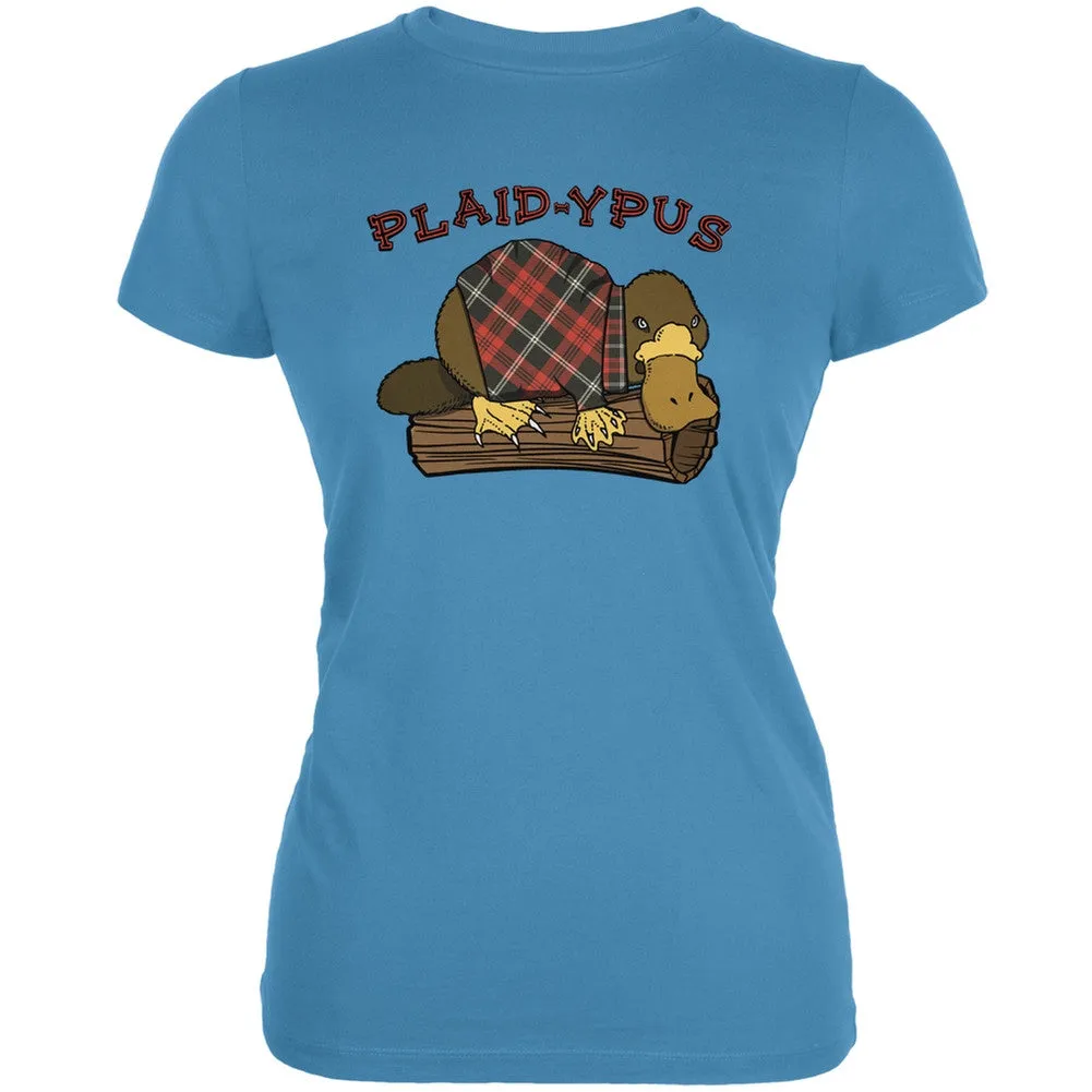 Funny Platypus Plaid-ypus Aqua Juniors Soft T-Shirt