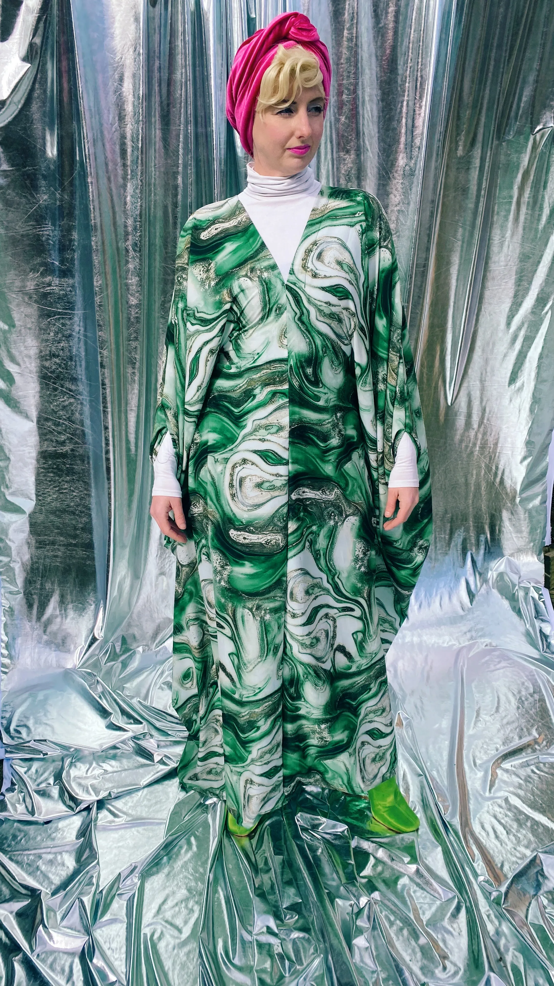 Green Marble Print Lightweight Kaftan Gown