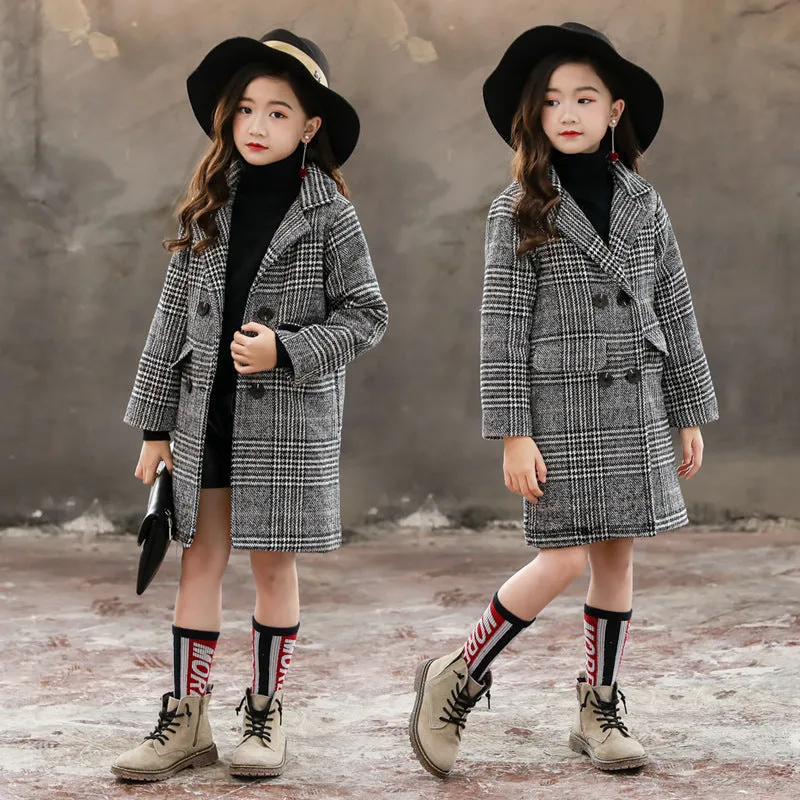 Grey Plaid Hound Stooth Coat For Girl's - GlamzLife