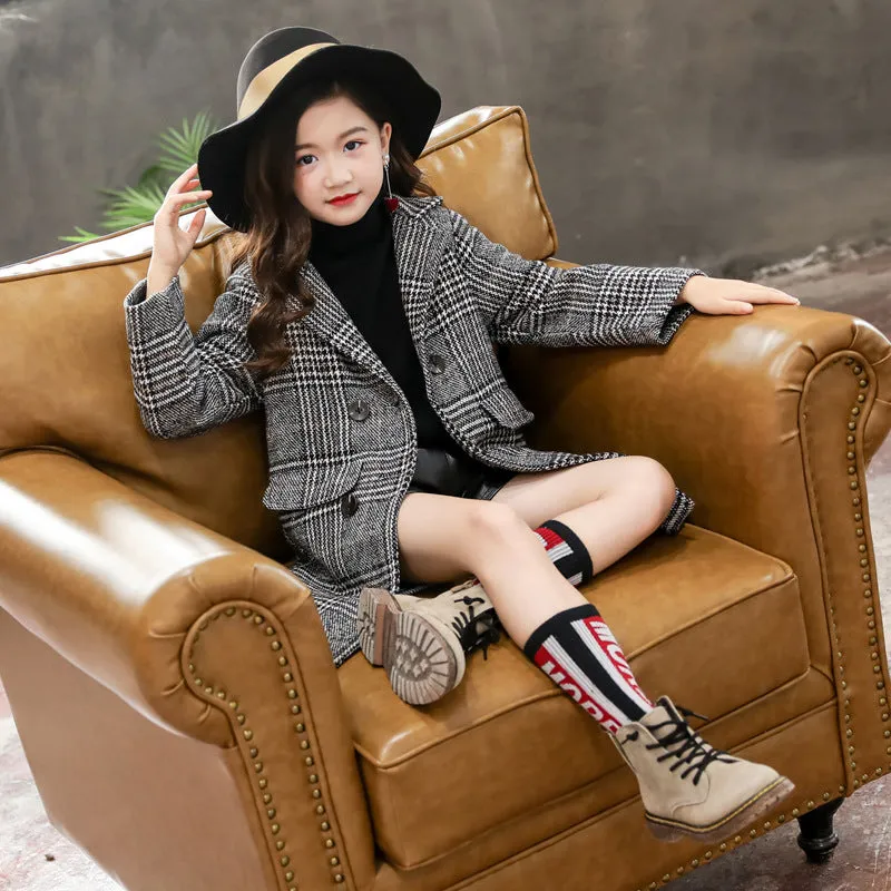 Grey Plaid Hound Stooth Coat For Girl's - GlamzLife