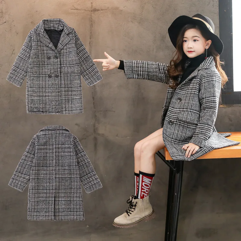 Grey Plaid Hound Stooth Coat For Girl's - GlamzLife