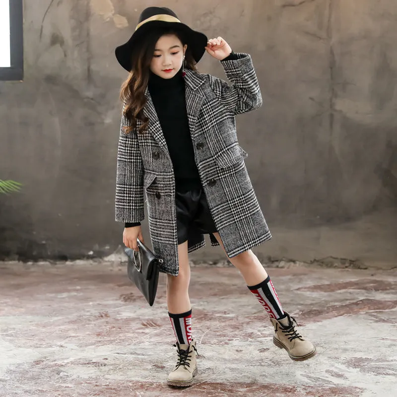 Grey Plaid Hound Stooth Coat For Girl's - GlamzLife