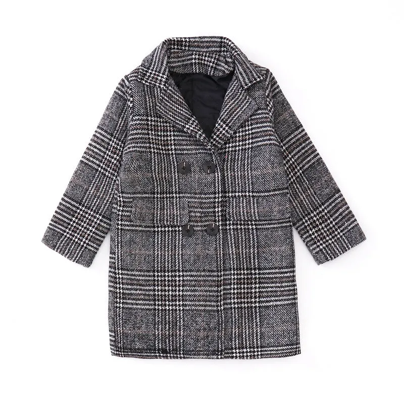 Grey Plaid Hound Stooth Coat For Girl's - GlamzLife