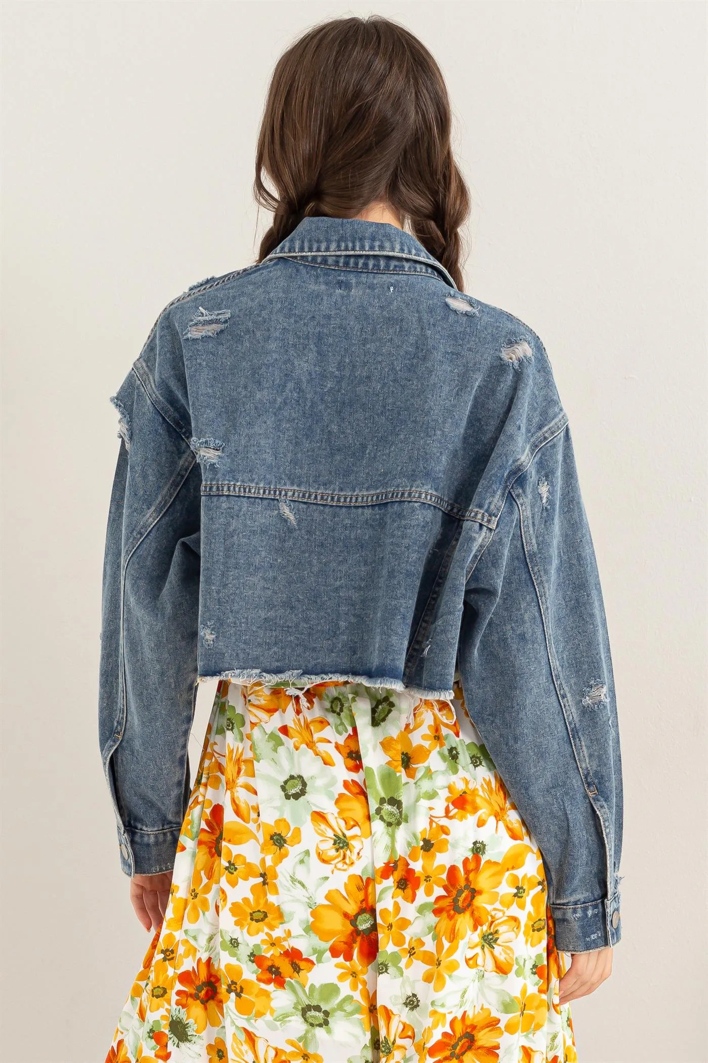 HF24C973-Asymmetrical Distressed Denim Jacket