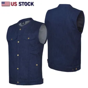 HL21689BLUE Biker Denim Club Style Anarchy Blue Vest with Conceal Carry Gun pocket both sides