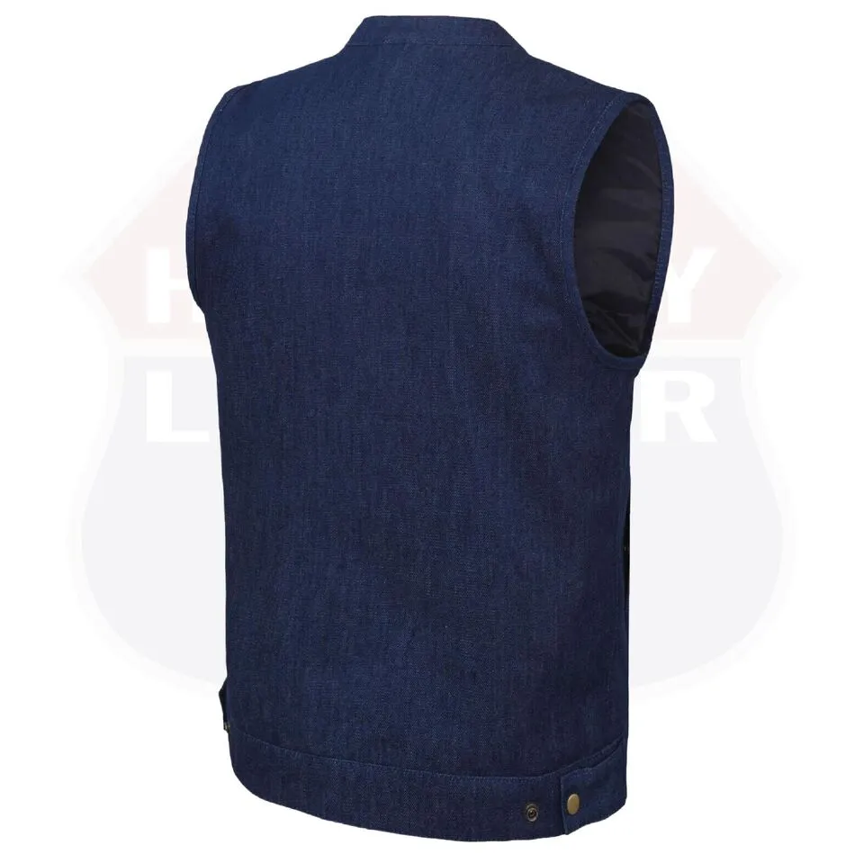 HL21689BLUE Biker Denim Club Style Anarchy Blue Vest with Conceal Carry Gun pocket both sides