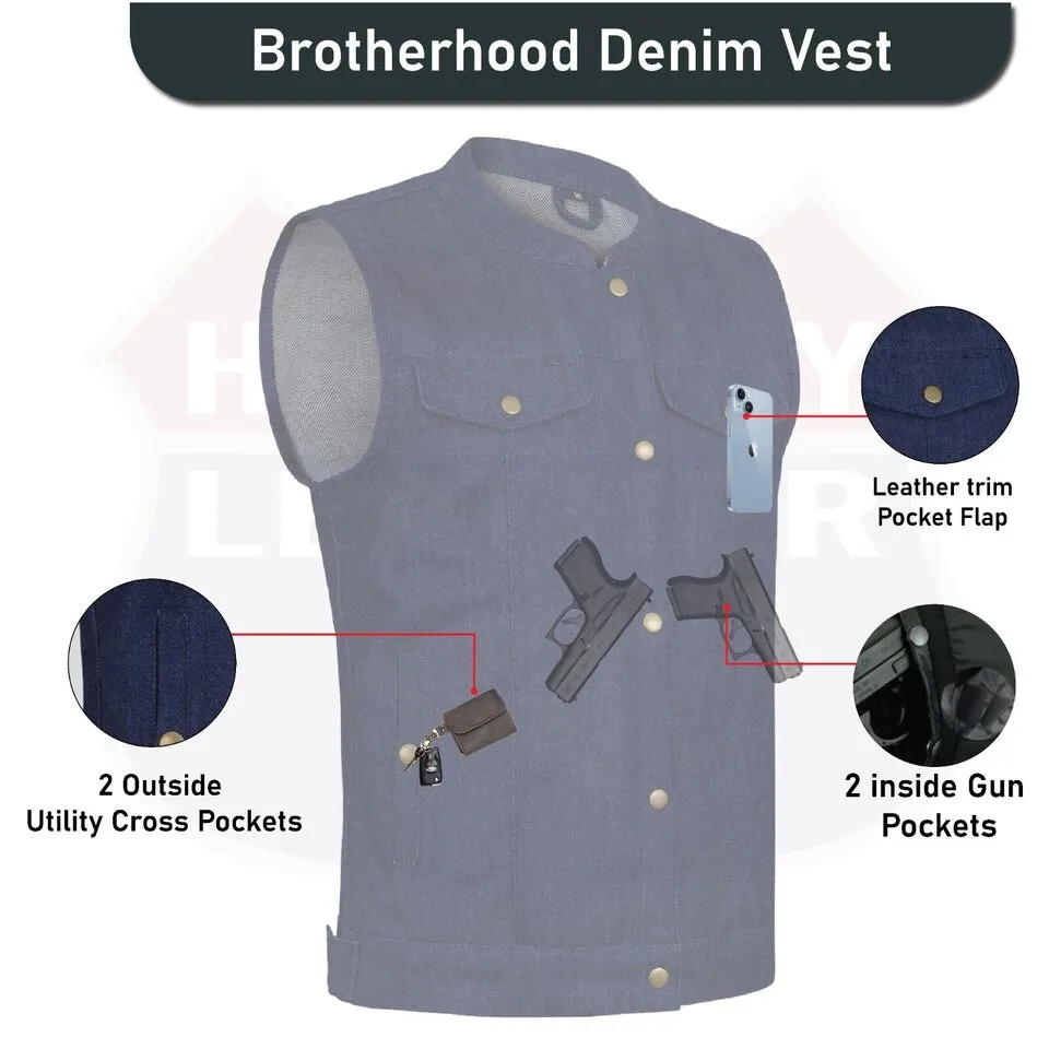 HL21689BLUE Biker Denim Club Style Anarchy Blue Vest with Conceal Carry Gun pocket both sides