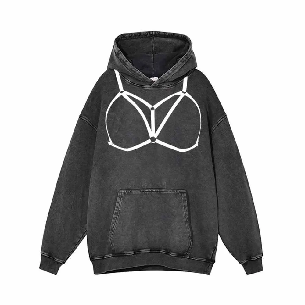 Hollowed Bikini Bra Print Vintage Washed Hoodie