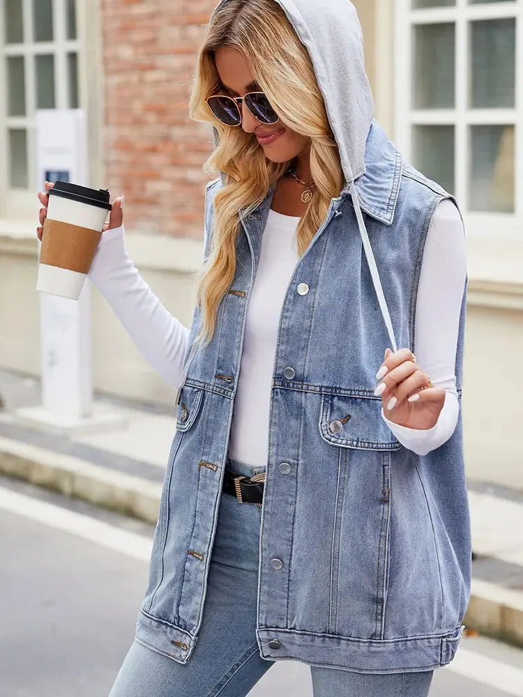 Hooded Denim Vest Sleeveless Jacket Summer Trendy