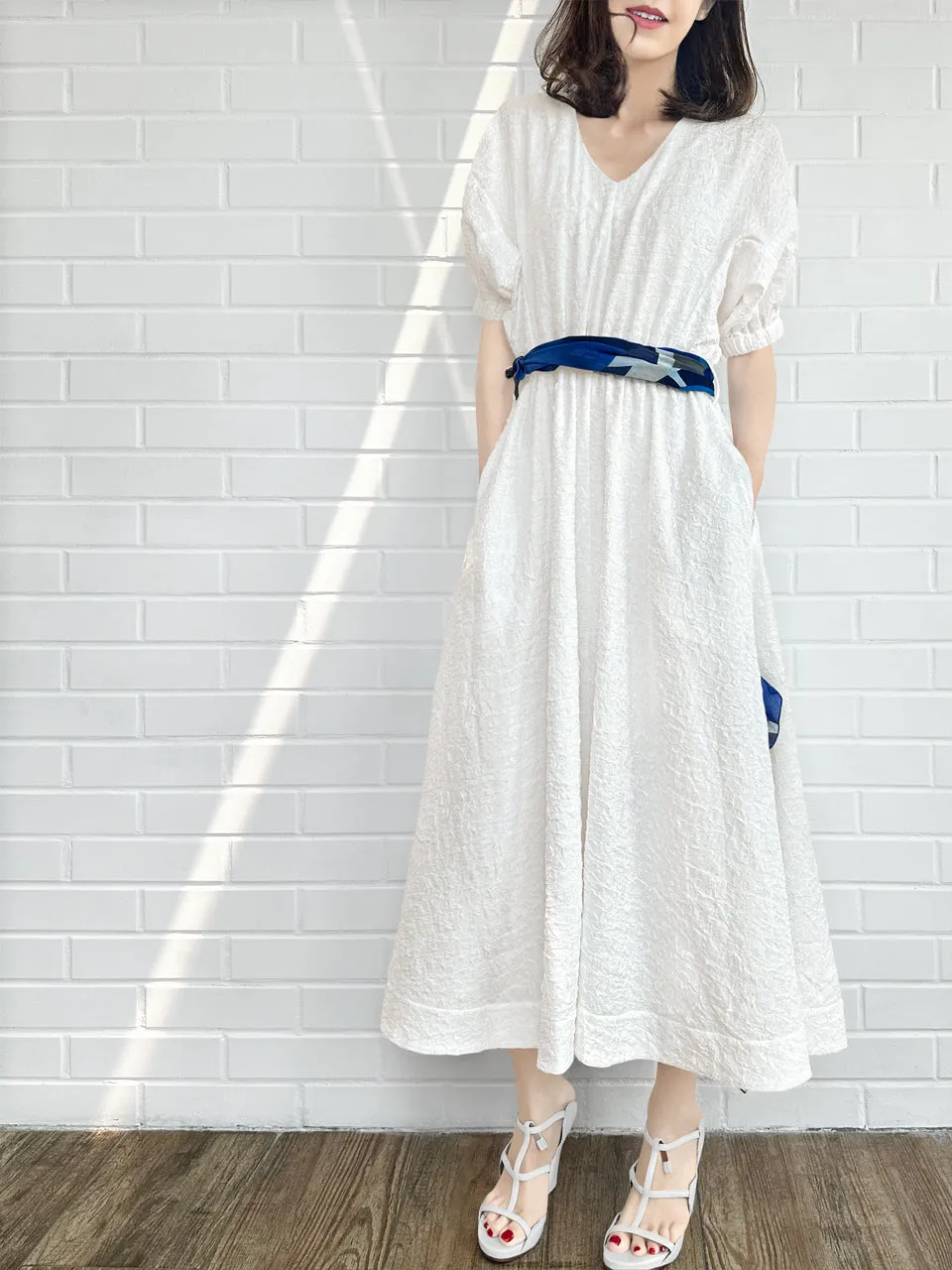 Last Chance! White Ruffle Side Slit V-Neck Dress w/Removable Silky Scarf