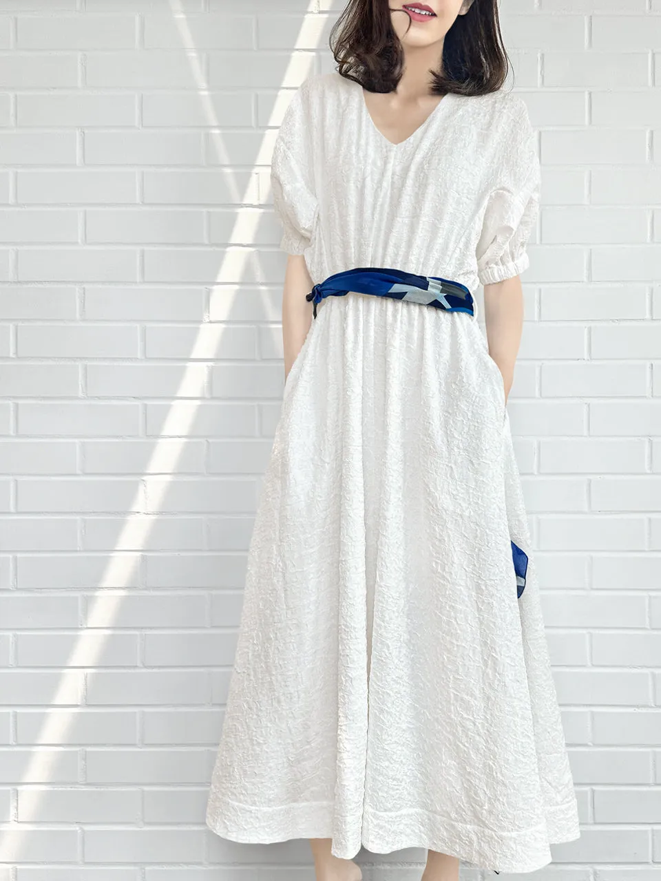 Last Chance! White Ruffle Side Slit V-Neck Dress w/Removable Silky Scarf