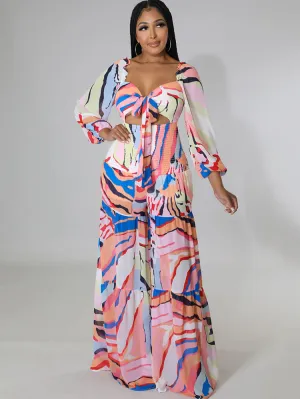 Long Sleeve Casual Tie Dye Wide Leg Jumpsuits