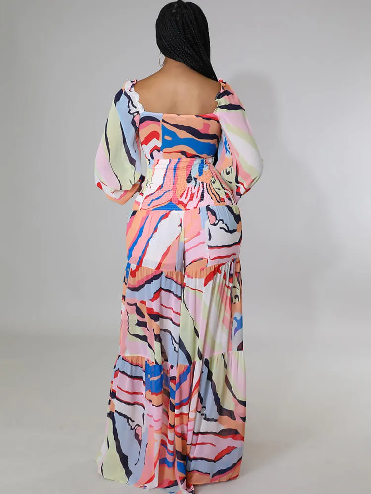 Long Sleeve Casual Tie Dye Wide Leg Jumpsuits