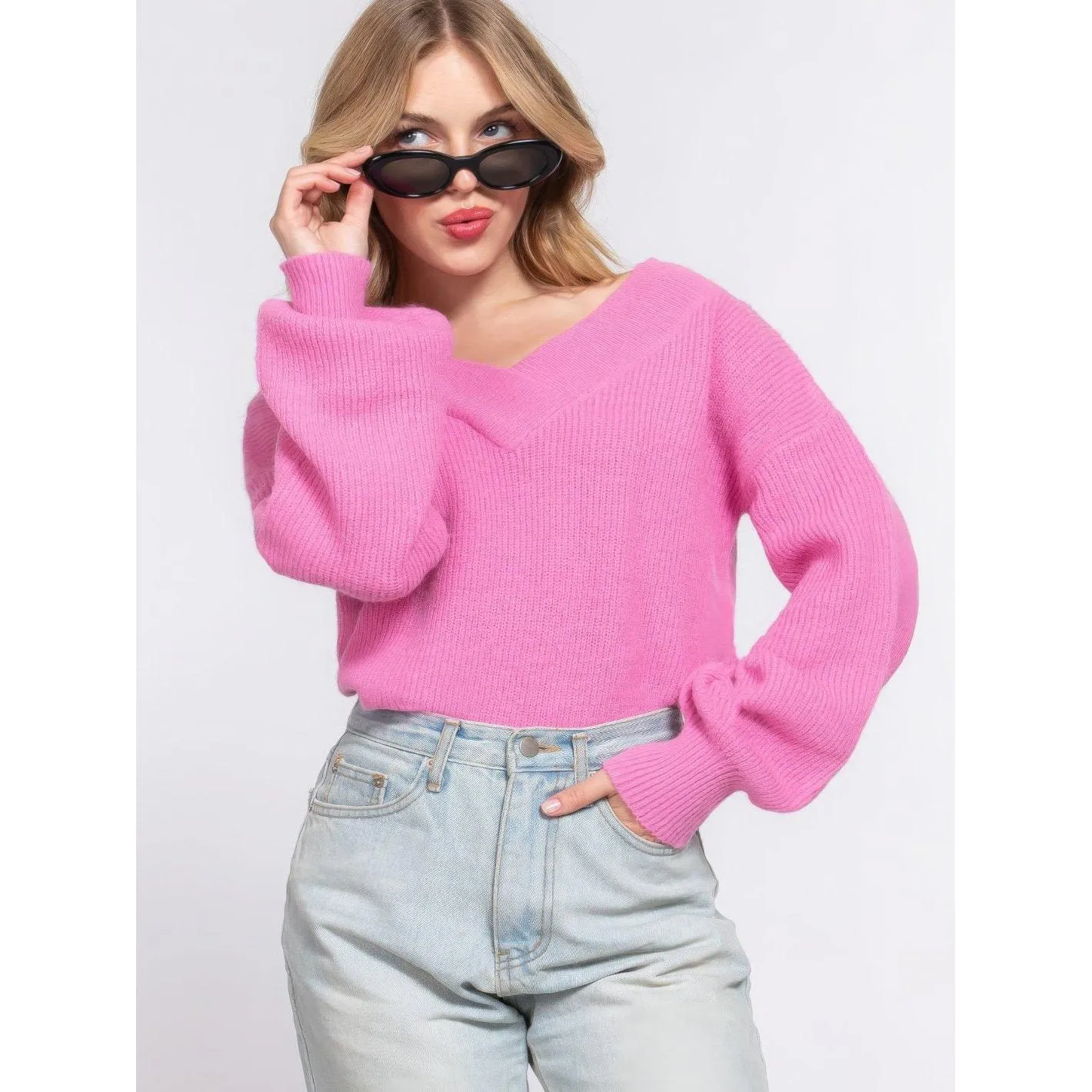 Long Sleeve Feminine Pink V-neck Sweater