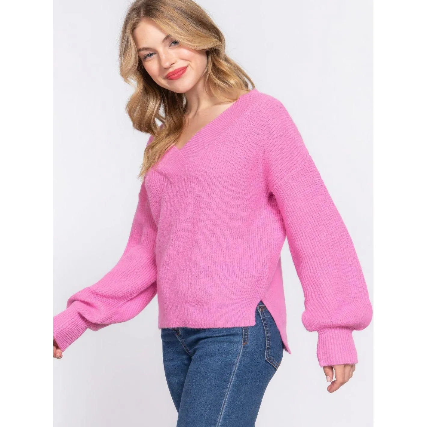 Long Sleeve Feminine Pink V-neck Sweater