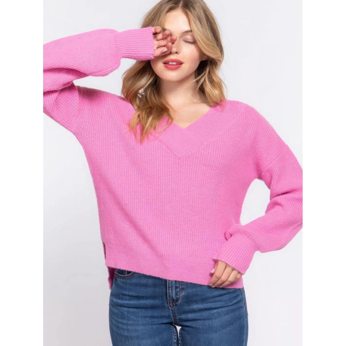 Long Sleeve Feminine Pink V-neck Sweater