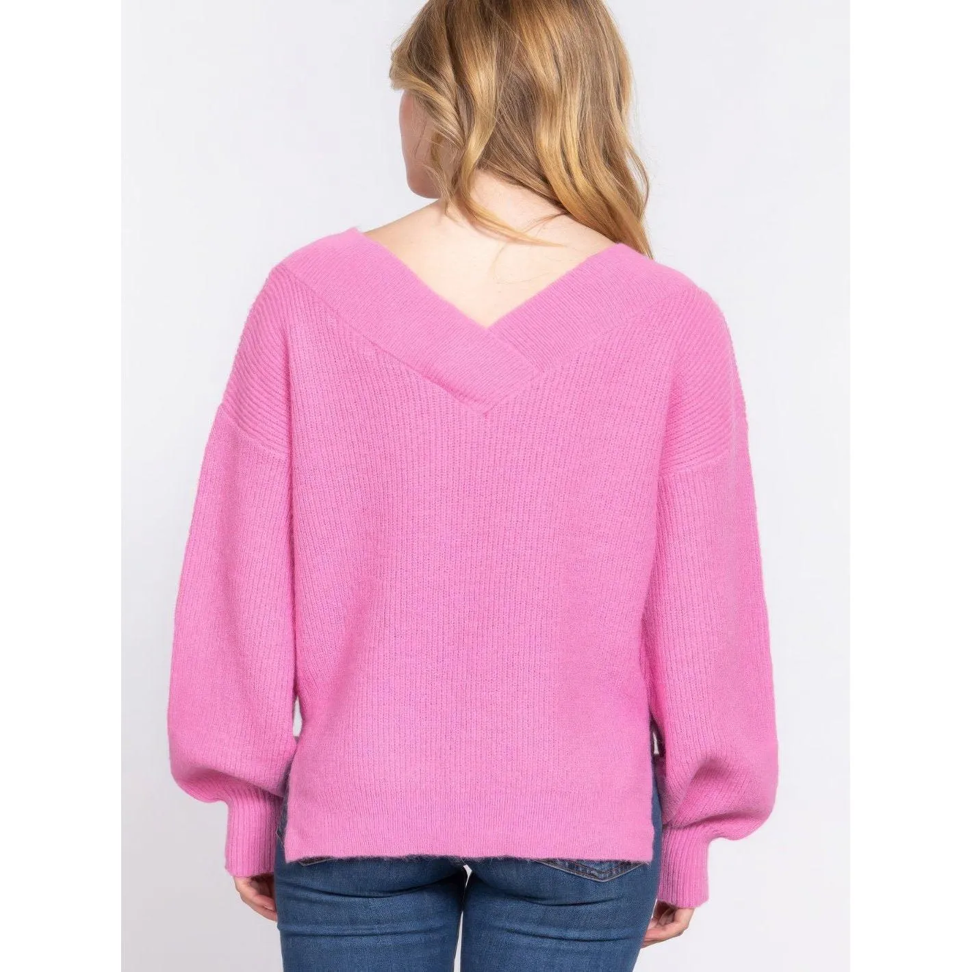 Long Sleeve Feminine Pink V-neck Sweater