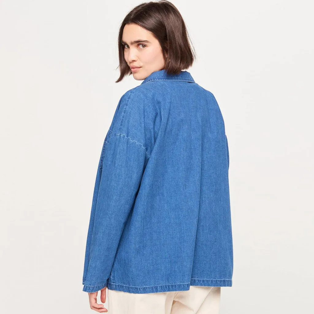 Long Sleeve Toggle Button Lapel Collar Denim Shirt Jacket - Blue