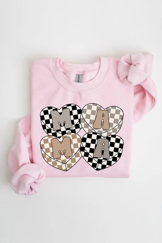 Mama Hearts Checker Graphic Fleece Sweatshirts