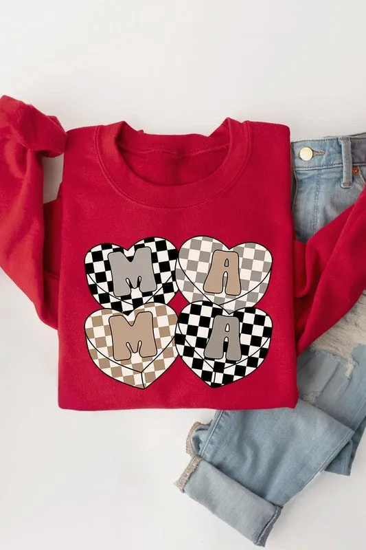 Mama Hearts Checker Graphic Fleece Sweatshirts