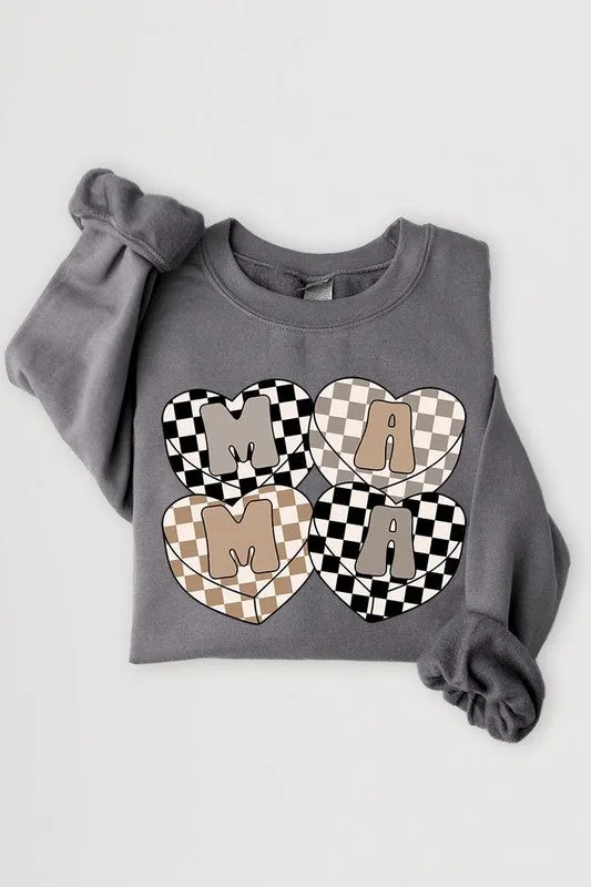 Mama Hearts Checker Graphic Fleece Sweatshirts