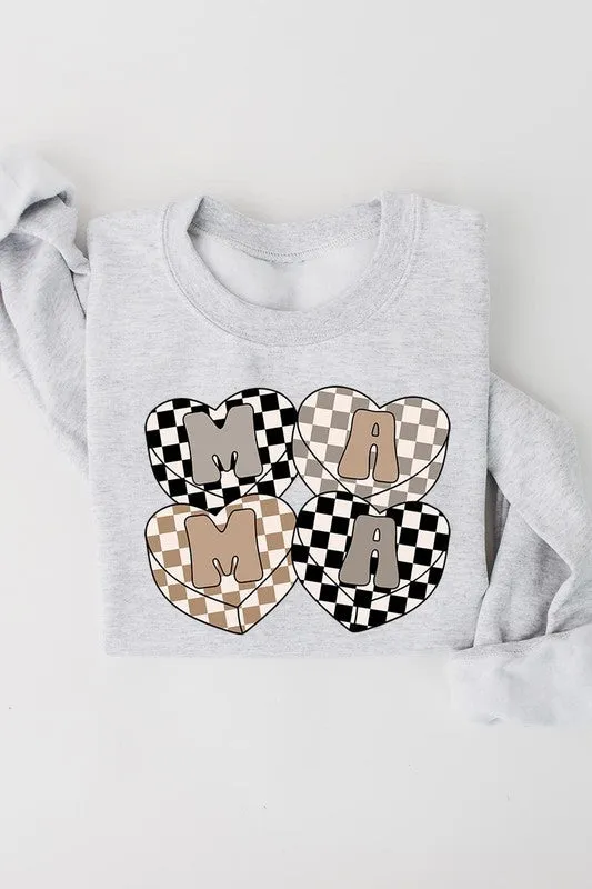 Mama Hearts Checker Graphic Fleece Sweatshirts