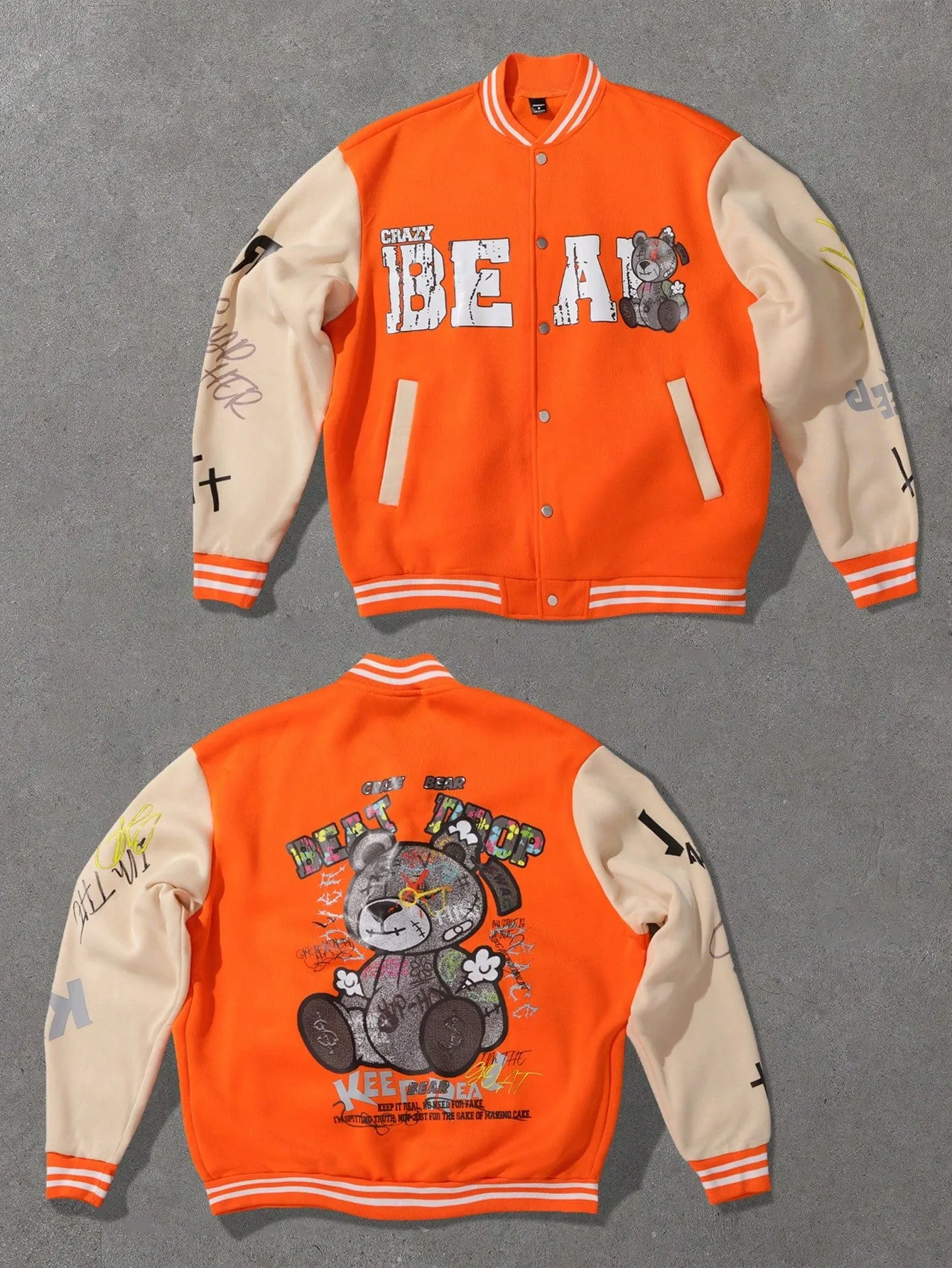 Manfinity Hypemode Men's Trendy Bear Print Baseball Jacket, Going Out Graphic Long Sleeve Color Block Jacket, For Friends, Husband, Boyfriend Gifts