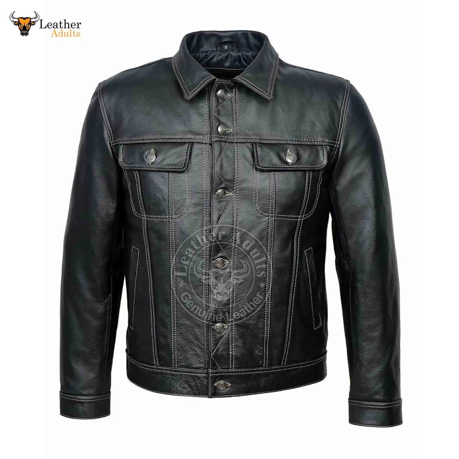 Men TRUCKER Jacket Classic Black 100% REAL Cowhide Leather Classic Style 1280