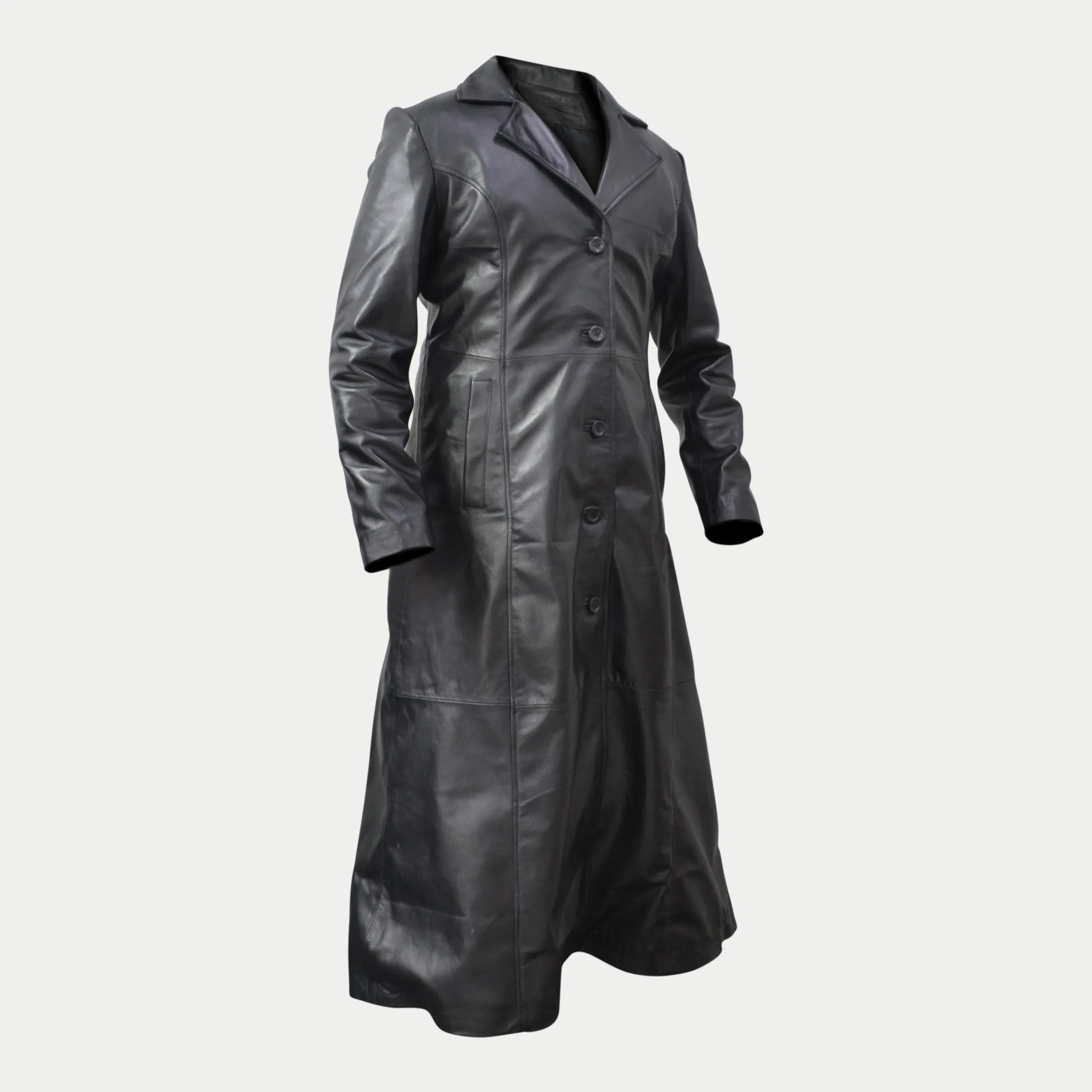 Men's Designer Long Black Genuine Sheepskin Leather Trench Coat