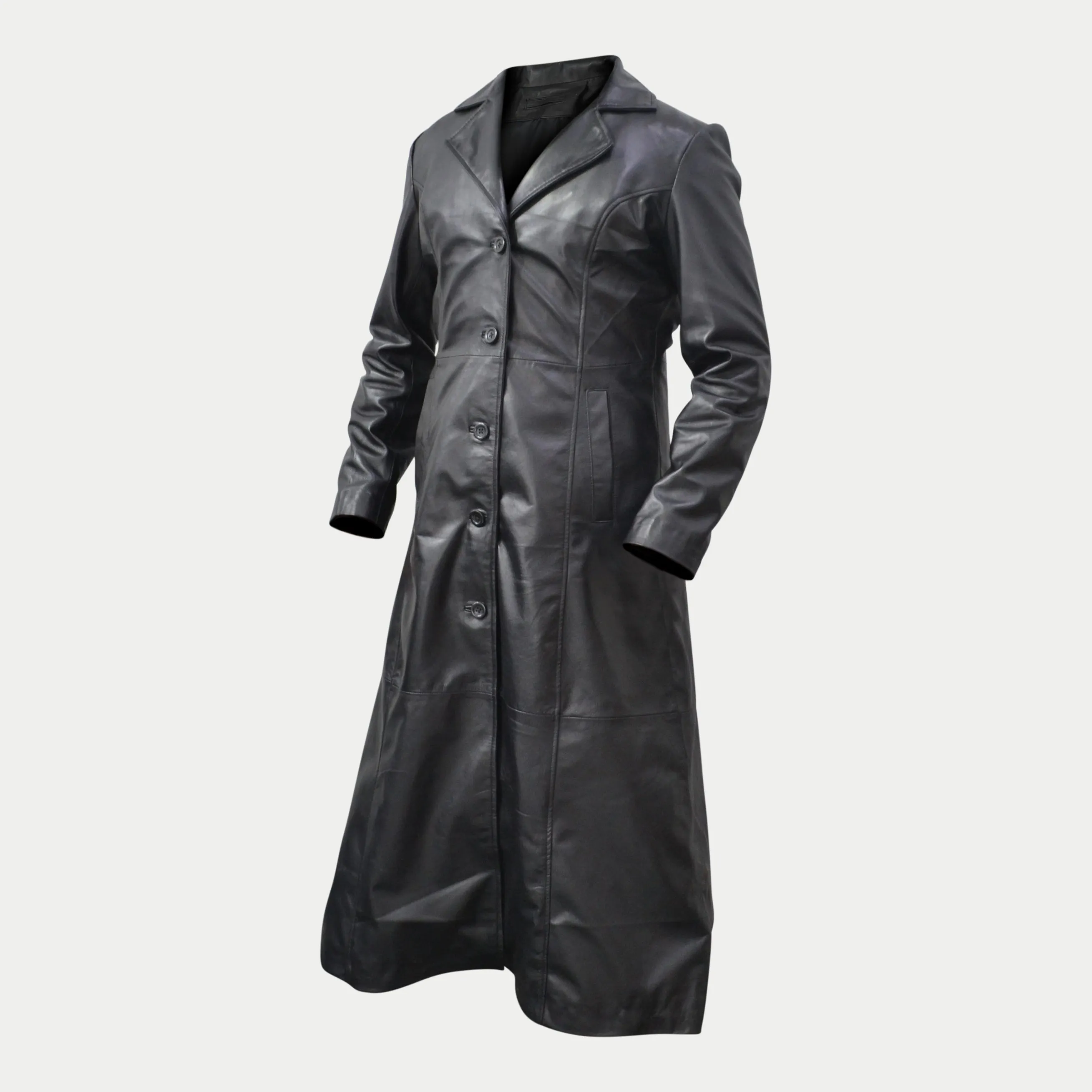 Men's Designer Long Black Genuine Sheepskin Leather Trench Coat