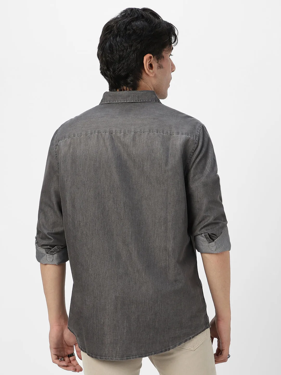 Men's Grey Full Sleeve Regular Fit Casual Denim Shirt