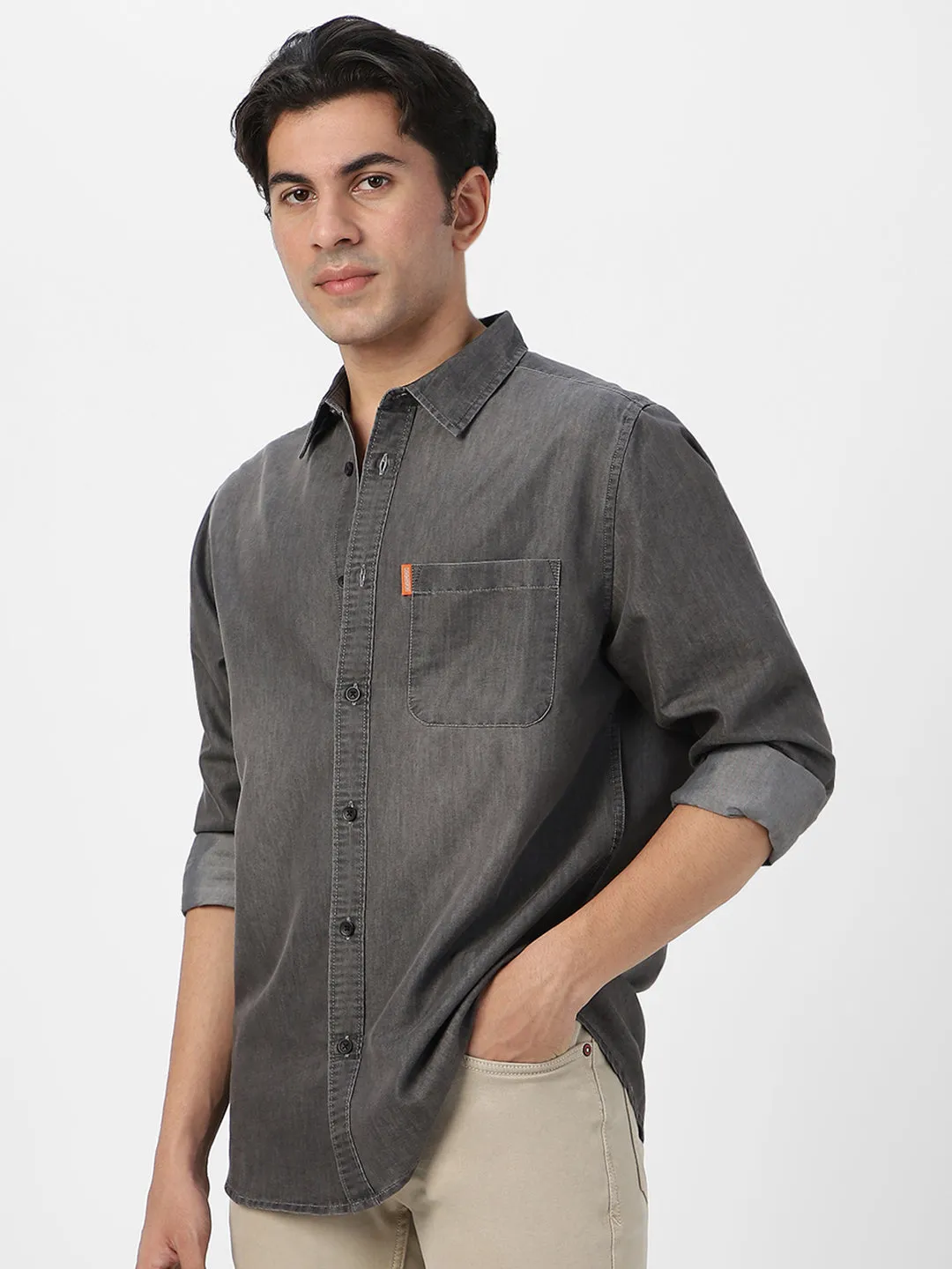 Men's Grey Full Sleeve Regular Fit Casual Denim Shirt