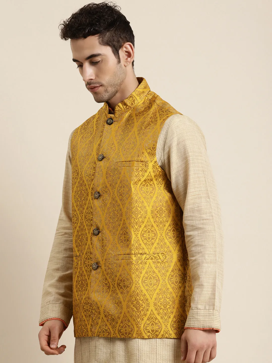 Men's Jacquard Silk Mustard & Gold Waistcoat