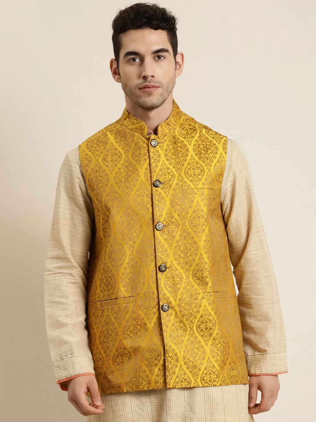 Men's Jacquard Silk Mustard & Gold Waistcoat