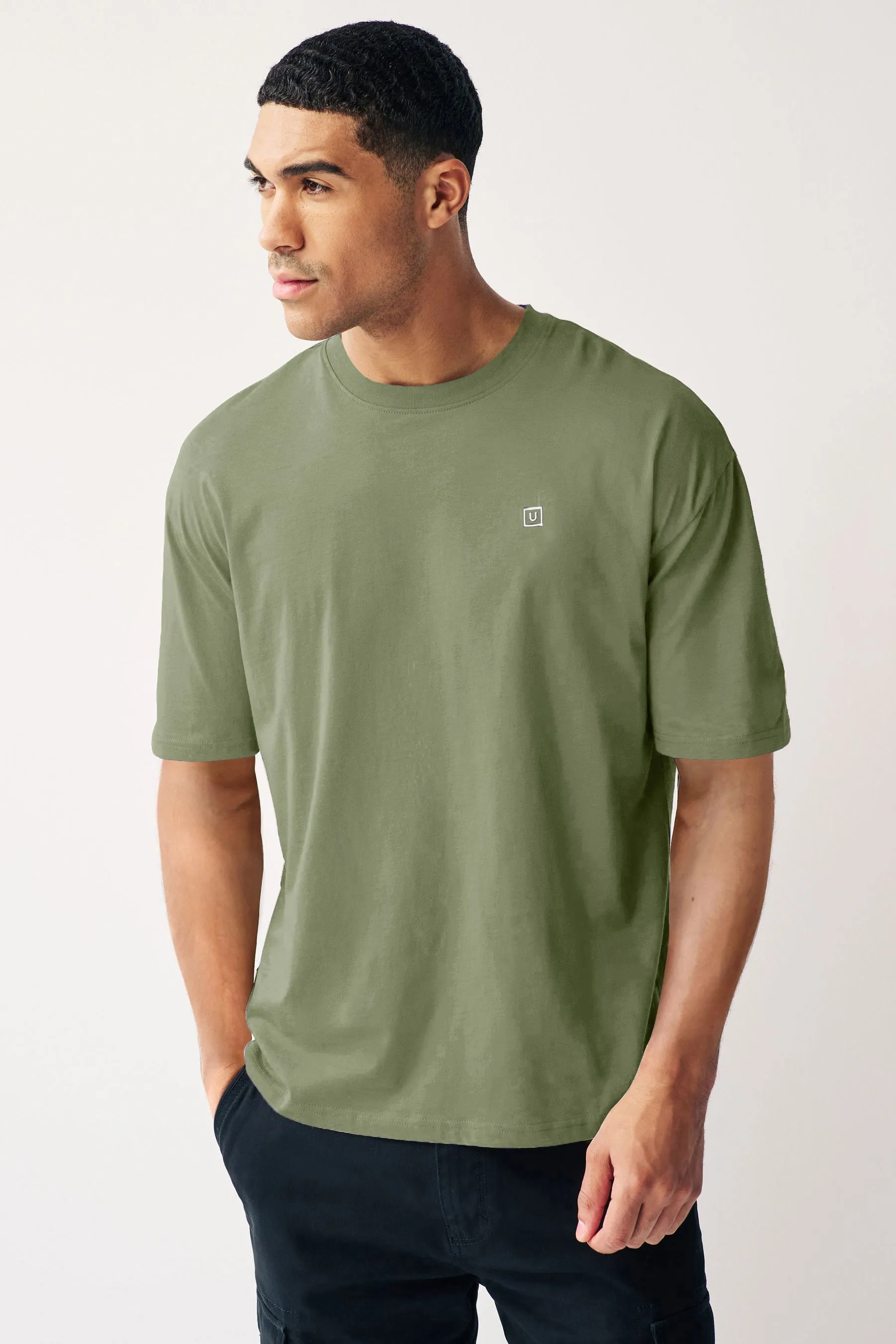 Men's Lint Green Solid Round Neck Oversized Half Sleeve Cotton T-Shirt