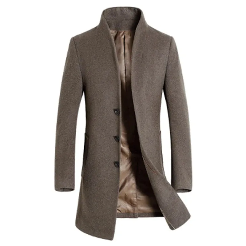 Men's Mid Long Solid Color Slim Wool Trench Coat