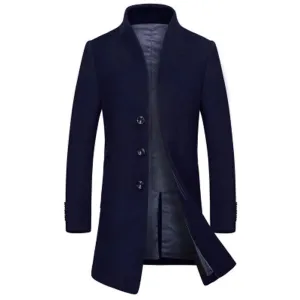 Men's Mid Long Solid Color Slim Wool Trench Coat