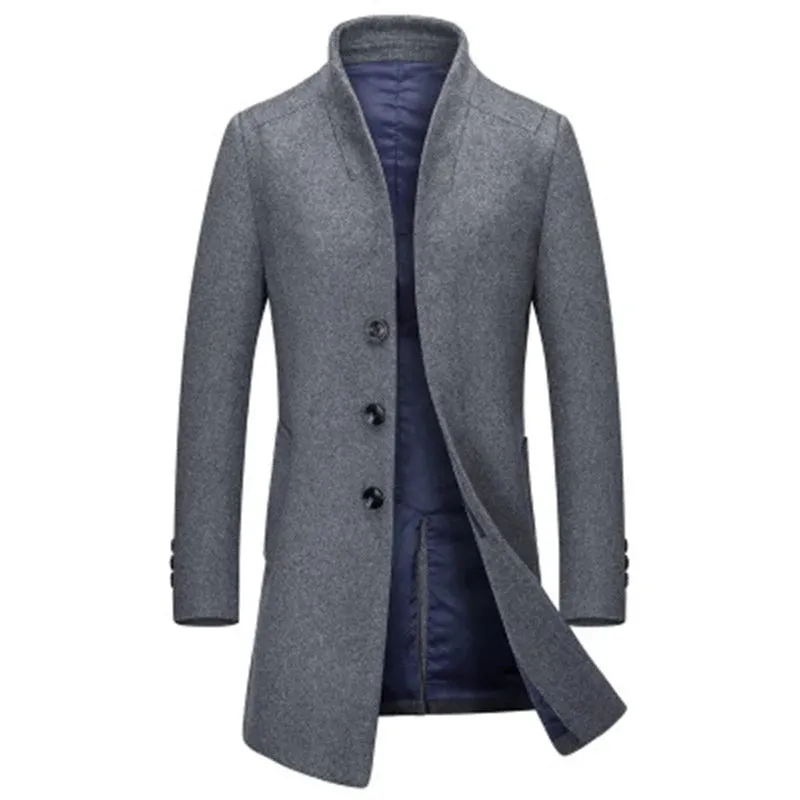 Men's Mid Long Solid Color Slim Wool Trench Coat