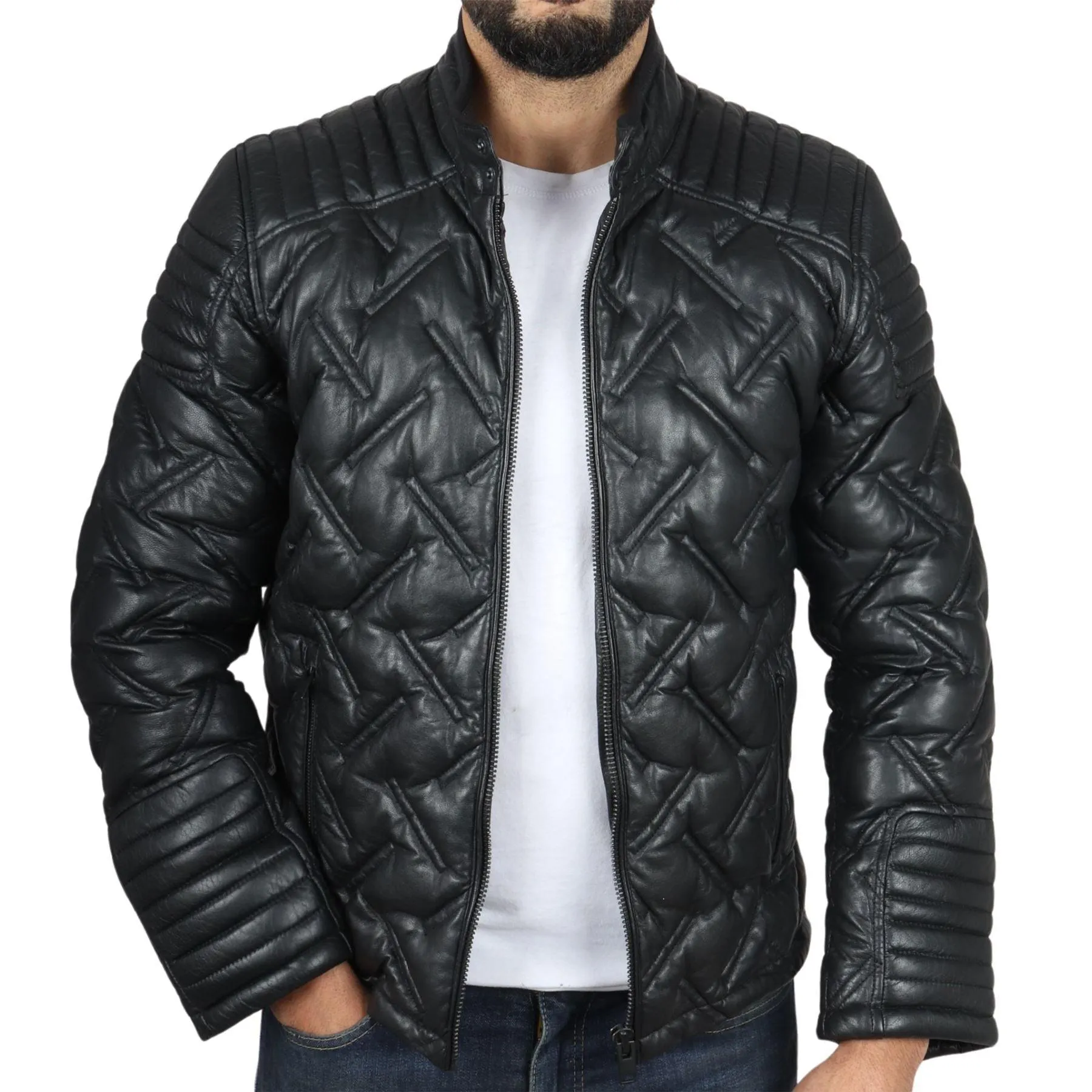 Men's Quilted Puffer Padded Biker Motorcycle Style Real Leather Jacket