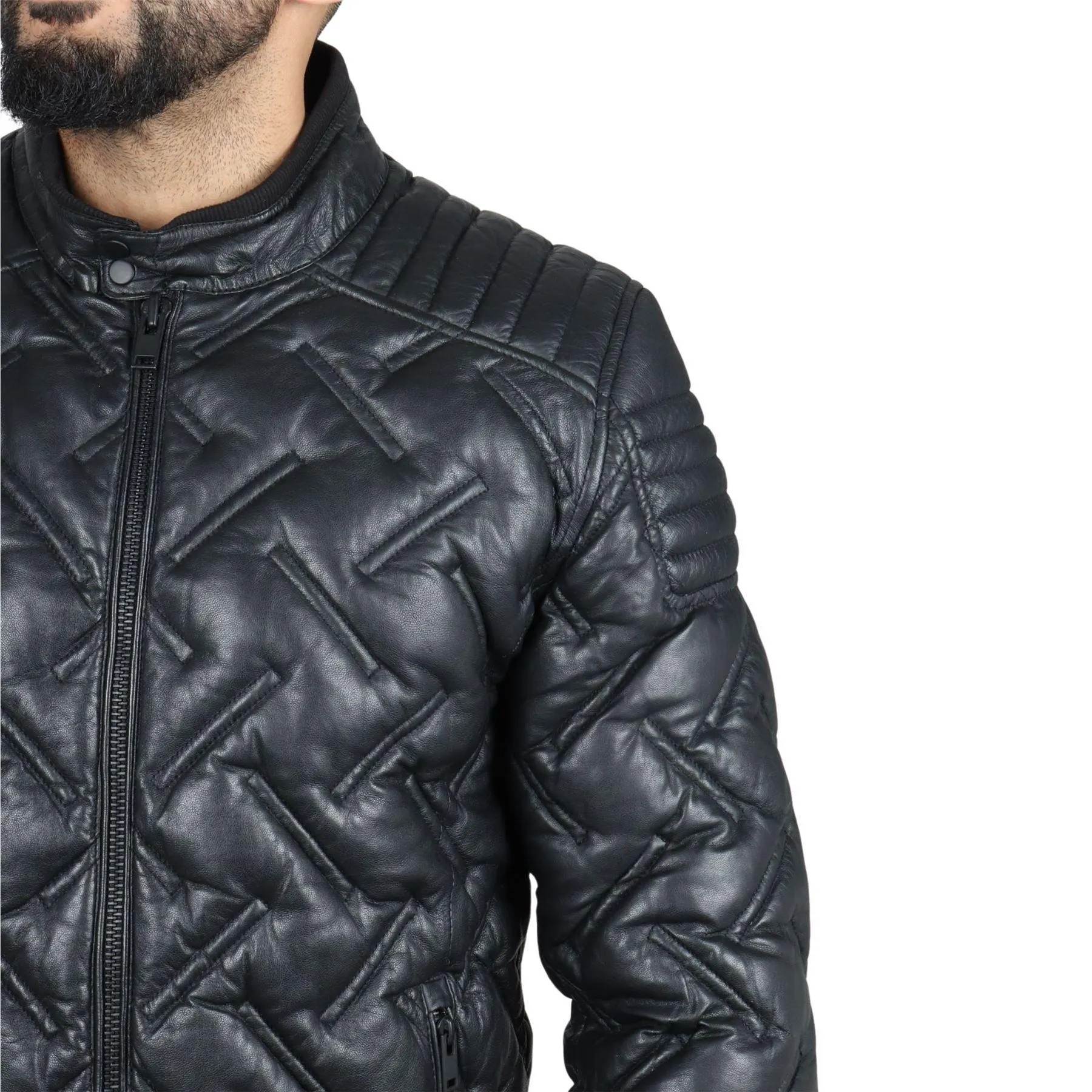 Men's Quilted Puffer Padded Biker Motorcycle Style Real Leather Jacket