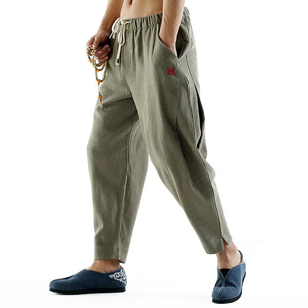 Mens Retro Breathable Cotton Linen Drawstring Solid Color Loose Fit Casual Pants