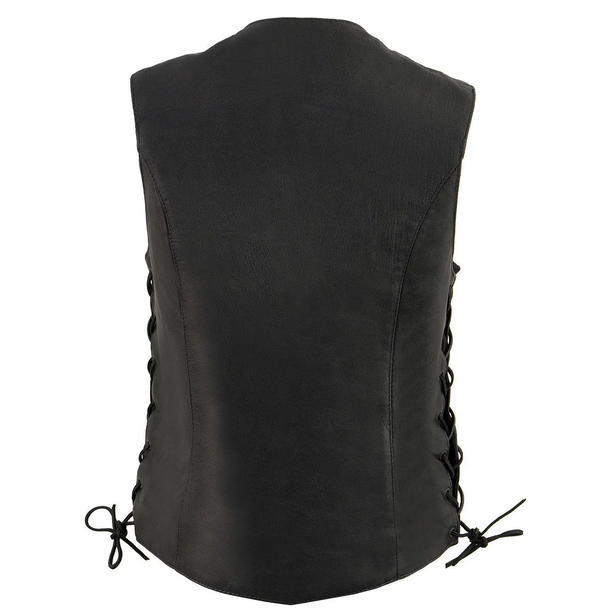 MLL4546 Women's Black Naked Leather Lightweight 4-Snap V-Neck Side Lace Motorcycle Rider Vest