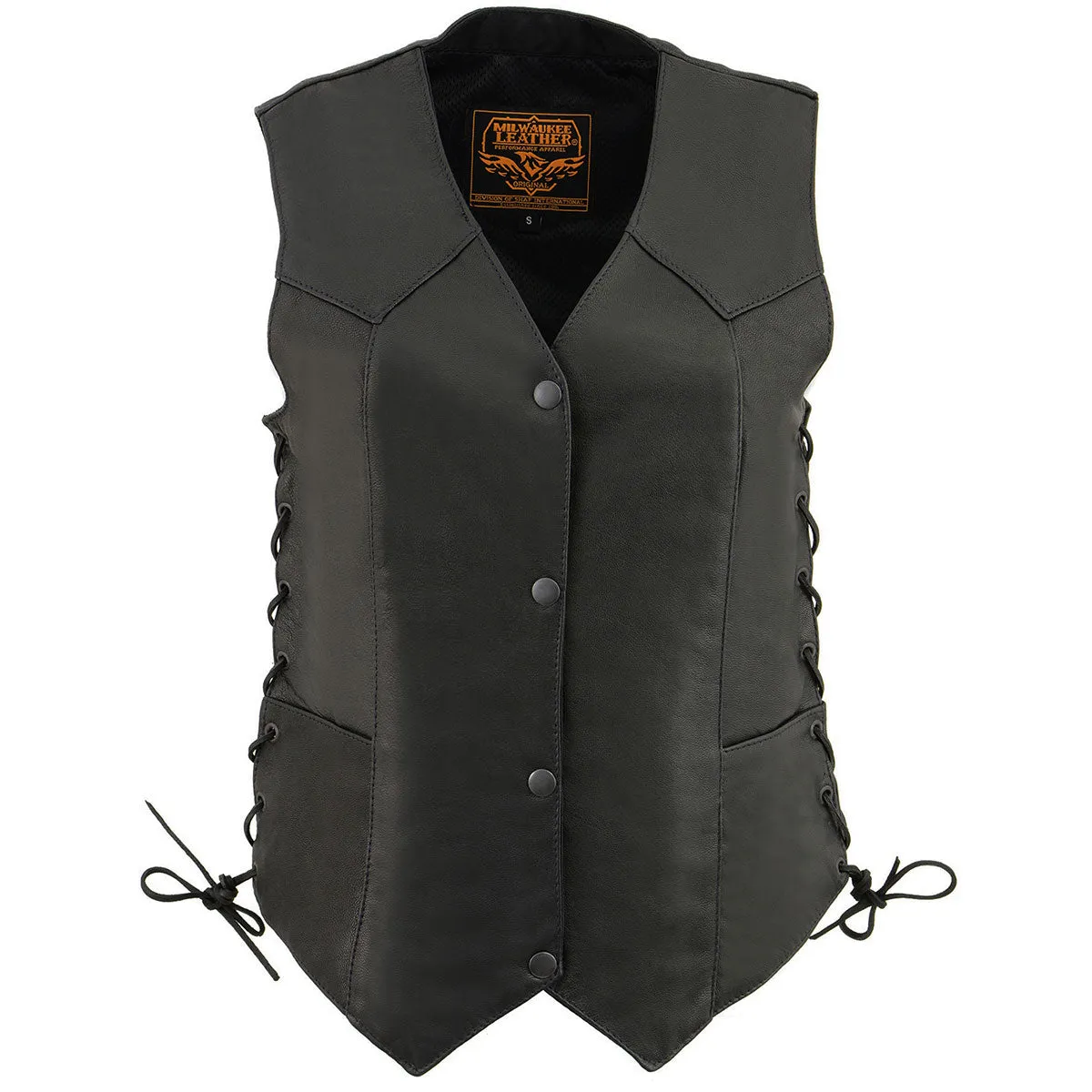 MLL4546 Women's Black Naked Leather Lightweight 4-Snap V-Neck Side Lace Motorcycle Rider Vest