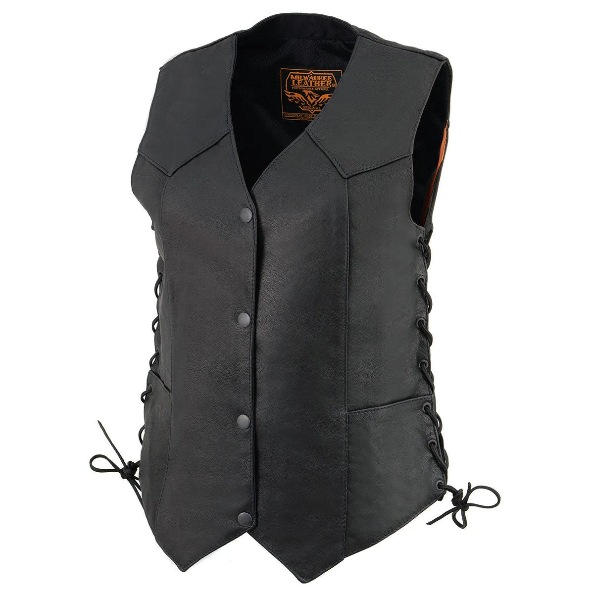 MLL4546 Women's Black Naked Leather Lightweight 4-Snap V-Neck Side Lace Motorcycle Rider Vest