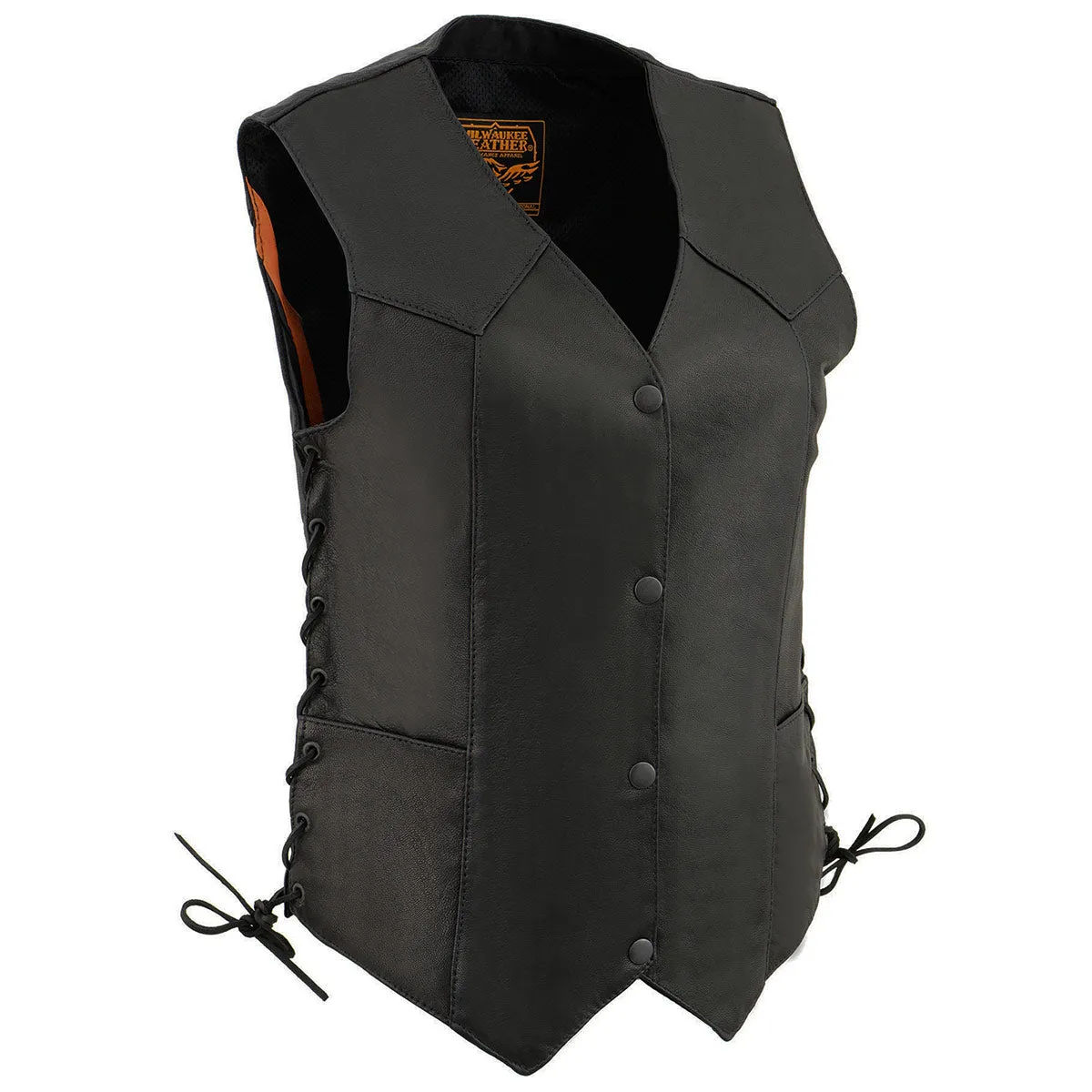 MLL4546 Women's Black Naked Leather Lightweight 4-Snap V-Neck Side Lace Motorcycle Rider Vest