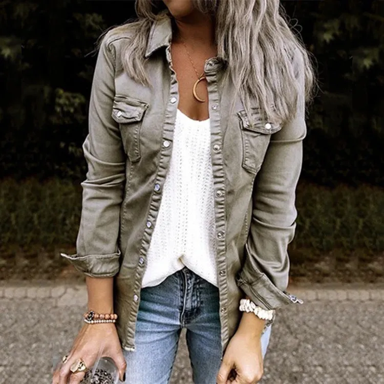 New Women Spring And Autumn Lapel Collar Denim Cardigan Jacket Wholesale