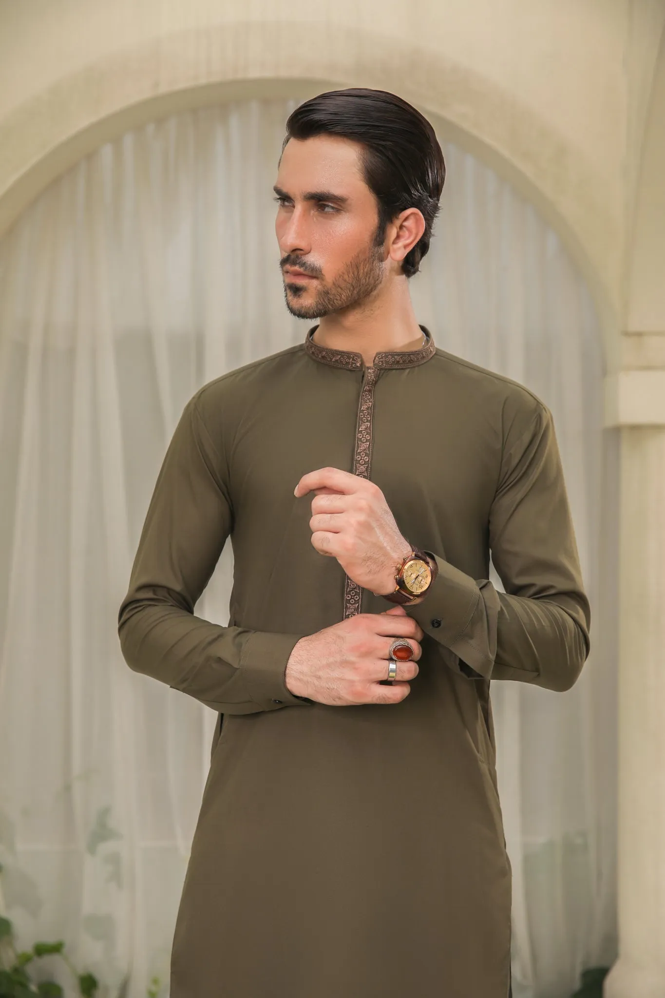 Olive Green Kurta Trouser - Collar Neck Embroidered - Men