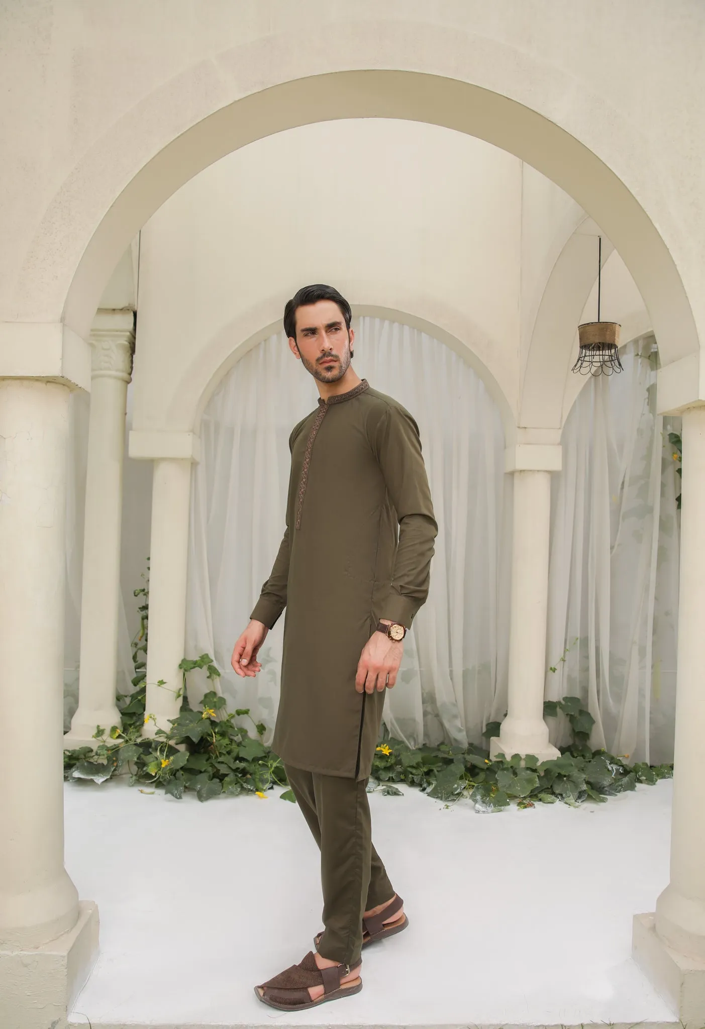 Olive Green Kurta Trouser - Collar Neck Embroidered - Men