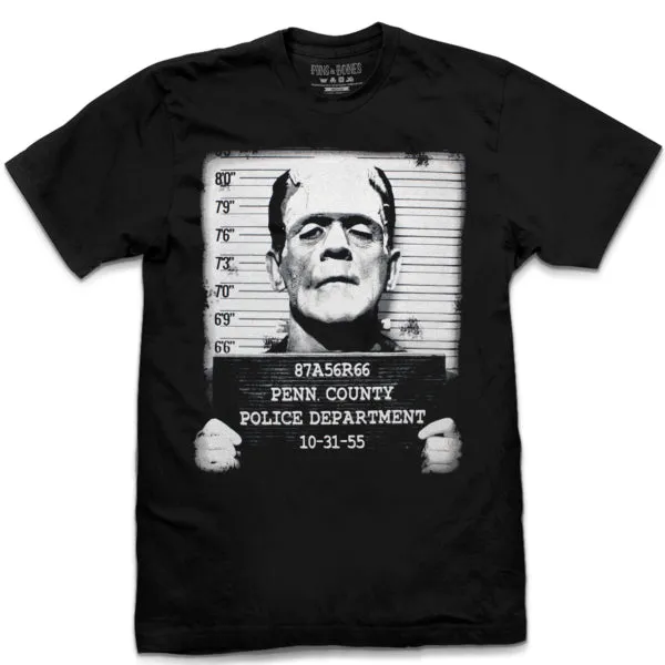 Pins & Bones Frankenstein Shirt, Frankenstein Mug Shot, Classic Monster T Shirt, Black Graphic Tee